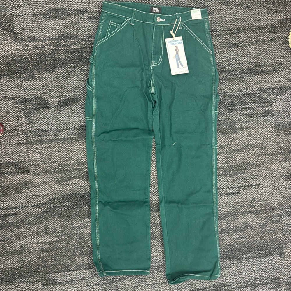 green denim high rise pants